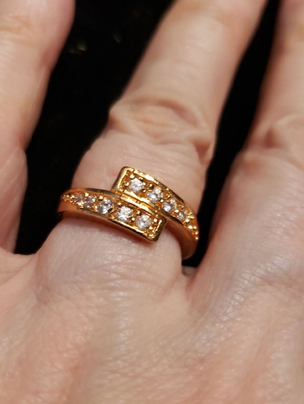 New Rose Goldtone Bypass Ring With Channel-set White Stones, Dainty Minimalist